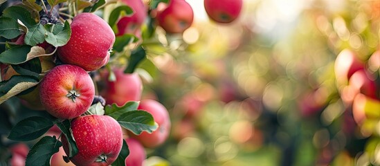 Wall Mural - Lots of ripe red apples growing on the standard apple tree in a Dutch apple orchard It s almost fall now. with copy space image. Place for adding text or design