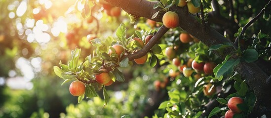 Leinwandbilder - Japanese apricot fruit Young fruits of Ume on the tree. with copy space image. Place for adding text or design