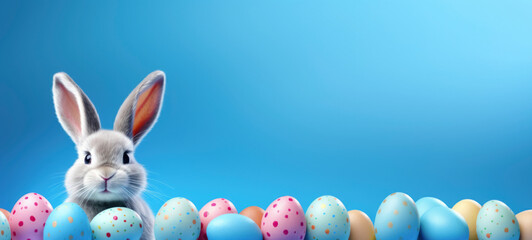 Wall Mural - Easter banner with colorful eggs and a little bunny rabbit on a blue background