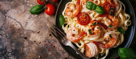 Poster - Italian pasta fettuccine in a creamy sauce with shrimp and tomato. with copy space image. Place for adding text or design