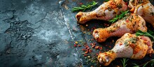 Marinated Raw Chicken Drumsticks Ready To Roast. With Copy Space Image. Place For Adding Text Or Design