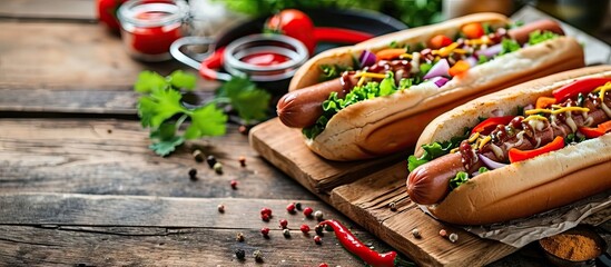 Poster - Hot dogs on a wooden board surrounded by spices and vegetables such as tomatoes peppers and onions. with copy space image. Place for adding text or design