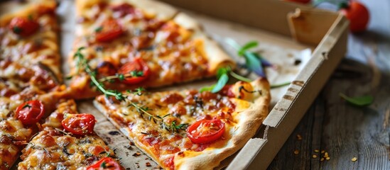 Poster - leftovers slices of homemade vegetarian pizza in box from above. with copy space image. Place for adding text or design