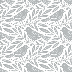 Wall Mural - hand drawn seamless pattern with decorative birds and branches nature floral forest seamless pattern