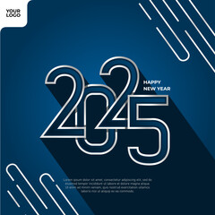 Wall Mural - Happy new year 2025 square template with 3d silver number style on dark blue background.