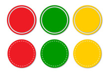 Set Of Red Green And Yellow Circle Template Design With Stitched Effect. Set Of Colorful Circle Badges. Logo Circle Stamp. Round Stitched Circle Set. Circle Template For Logos, Stickers And Business.