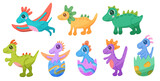 Fototapeta Dinusie - Set with cute dinosaurs in doodle outline style