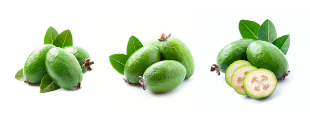 Poster - Collage of  feijoa fruits on white backgrounds