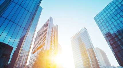 Wall Mural - Modern office building with blue sky, and glass facades. Economy, finances, business activity concept, Eco-friendly building in the city, blurred image