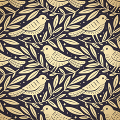 Wall Mural - hand drawn seamless pattern with decorative birds and branches nature floral forest seamless pattern