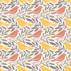 Wall Mural - hand drawn seamless pattern with decorative birds and branches nature floral forest seamless pattern