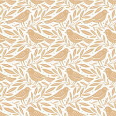 Wall Mural - hand drawn seamless pattern with decorative birds and branches nature floral forest seamless pattern