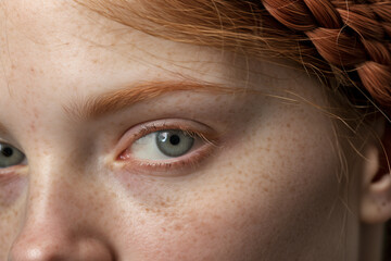 Wall Mural - Close up of blue eye of woman with red hair and freckles on skin