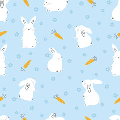 Cute seamless white rabbits with flowers and carrots. Rabbit animal on white background for easter decor