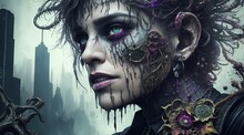 A Woman With Eerie Purple Eyes And Dark, Dramatic Makeup, Creating A Chilling And Haunting Image.