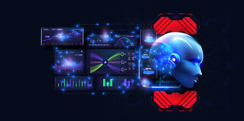 Fototapete - Advanced Artificial Intelligence and Machine Learning Concept with Digital Brain Interface. Delivering the patients human brain, connecting the human brain to electronic chip. Mind reading, analytics.