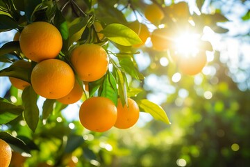 Wall Mural - Organic Citrus Branches with Fresh Ripe Oranges and Tangerines in Sunny Fruiting Garden