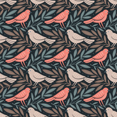 Wall Mural - hand drawn seamless pattern with decorative birds and branches nature floral forest seamless pattern