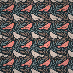 Wall Mural - hand drawn seamless pattern with decorative birds and branches nature floral forest seamless pattern