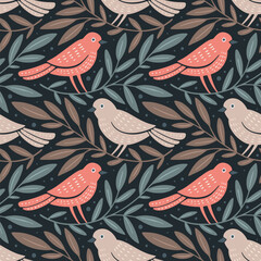 Wall Mural - hand drawn seamless pattern with decorative birds and branches nature floral forest seamless pattern