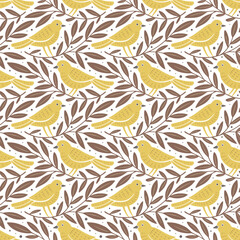 Wall Mural - hand drawn seamless pattern with decorative birds and branches nature floral forest seamless pattern