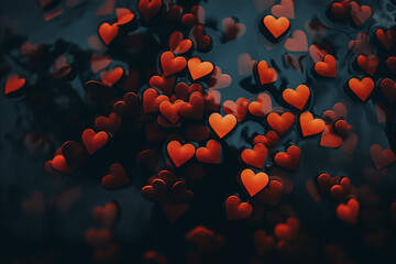 Wall Mural - Many orange hearts in dark blue water background. Valentine's Day card.