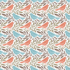 Wall Mural - hand drawn seamless pattern with decorative birds and branches nature floral forest seamless pattern