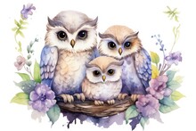Cute Watercolor Owl Family Sitting On A Branch; Mom, Dad And Child. Template For Invitation Card Design. With White Isolated Background