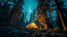 An Illuminated Tent Under A Starry Sky