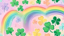 Background Rainbow And Shamrocks On Pink Saint Patrick’s Day Pattern 16:9 Ratio