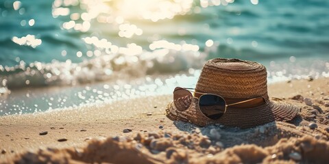 straw hat, and sunglasses resting on a tropical beach, ready for a day of relaxation Golden sand meets the tranquil blue sea, creating a summer beach backdrop with sunlights shimmering. --ar 16:8 --v 