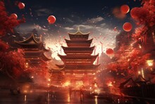 Chinese Temple In The Night With Red Lanterns And Firecrackers, Concept Chinese New Year Festival, AI Generated