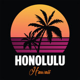 Fototapeta Zachód słońca - Tshirt prints, apparel layouts, clothing templates in 80's retro vintage style with palms, sunset and birds, symbols of Honolulu