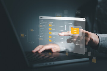Document management concept. DMS virtual screen and online cloud folder document database. Use software for efficient archiving,  searching, sharing, transfer, exchange, and migration documentation.