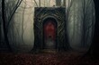 Mysterious dark forest with old door. Halloween concept. 3D Rendering, AI Generated