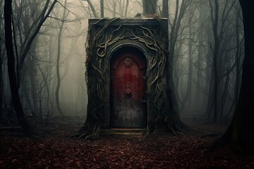 Poster - Mysterious dark forest with old door. Halloween concept. 3D Rendering, AI Generated