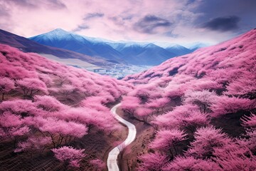 Sticker - Cherry blossom in spring season with mountain and river background, AI Generated