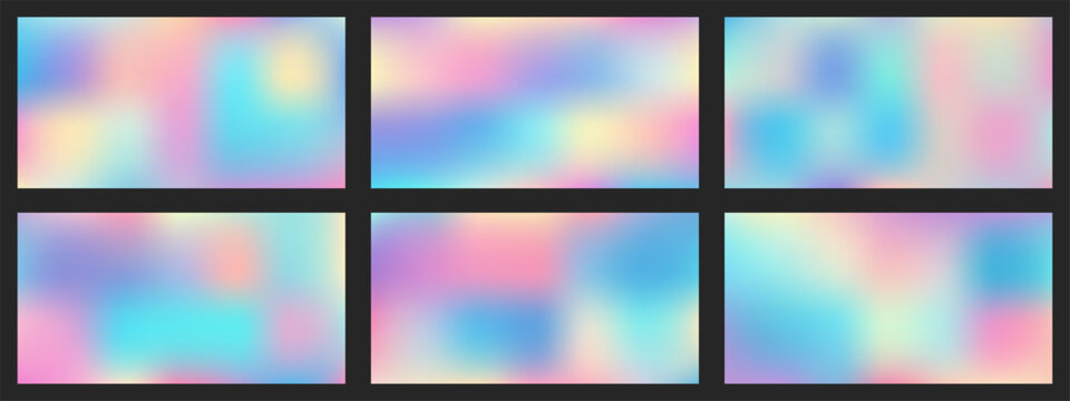 Set of gradient backgrounds. Vector, dreamy backdrop, neon design element. Fashionable holographic defocused texture. Digital gradient paper in Funky Cool Tech style.