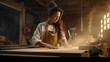 © Ian - Close Up Portrait of an Attractive Young Artisan Carpenter Using Hand Plane to Shape a Wood Bar.