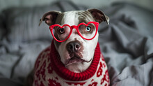 Cute Pit Bull Dog In Sweater And Heart Glasses, Valentine's Day Concept