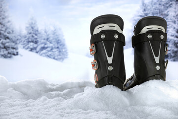 Wall Mural - Ski boots on snow and winter time. 