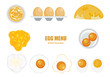 Cartoon egg dish vector illustration. Hard-cooked eggs. Fried, boiled, omelet and frittata, healthy breakfast set. Delicious cooked egg menu on a white background Easy to edit.