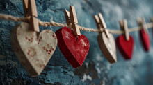 Paper Hearts On A Clothesline With Copy Space For Text, Valentine's Day Concept