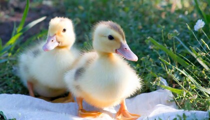 cheerful young ducks on a summer day