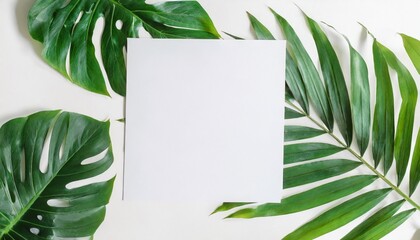 Wall Mural - summer tropical leaves with blank paper on white background