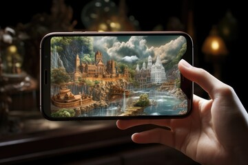 Sticker - travel concept - tourist taking photo of famous castles on smartphone screen at night, Augmented reality with blend of traditional and future elements, AI Generated