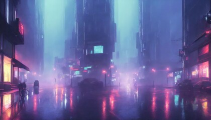 Wall Mural - cyberpunk streets illustration futuristic city dystoptic artwork at night 4k wallpaper rain foggy moody empty future