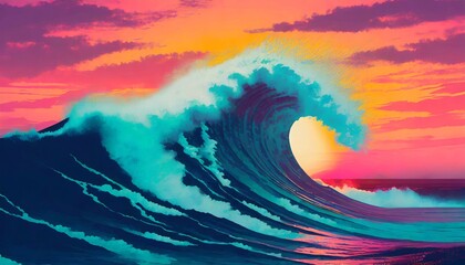 Wall Mural - japanse giant tsunami wave in the synthwave outrun cyberpunk ai generated
