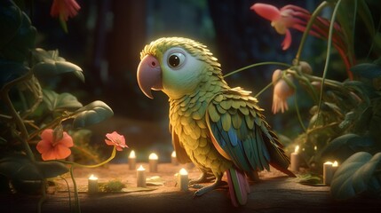 parrot on the branch, baby parrot , Craft an endearing  render of a baby parrot with adorable big eyes, nestled in a vibrant garden teeming with butterflies, surrounded by lush greenery