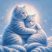 A Serene Image Of Two Striped Cats Snuggled Together, Surrounded By A Tranquil Blue Background With Delicate Butterflies And Hearts, Evoking A Sense Of Peace And Companionship.